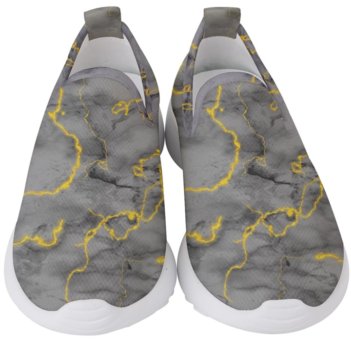 Marble neon retro light gray with gold yellow veins texture floor background retro neon 80s style neon colors print luxuous real marble Kids  Slip On Sneakers