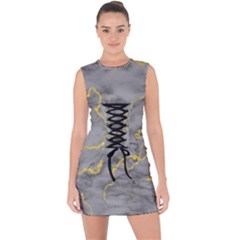 Marble Neon Retro Light Gray With Gold Yellow Veins Texture Floor Background Retro Neon 80s Style Neon Colors Print Luxuous Real Marble Lace Up Front Bodycon Dress by genx