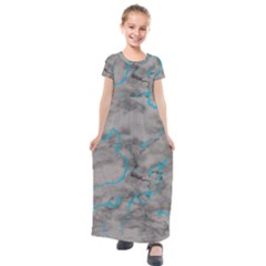 Marble Light Gray With Bright Cyan Blue Veins Texture Floor Background Retro Neon 80s Style Neon Colors Print Luxuous Real Marble Kids  Short Sleeve Maxi Dress by genx