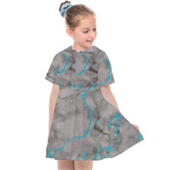 Marble Light Gray With Bright Cyan Blue Veins Texture Floor Background Retro Neon 80s Style Neon Colors Print Luxuous Real Marble Kids  Sailor Dress by genx