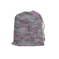 Marble Light Gray With Bright Magenta Pink Veins Texture Floor Background Retro Neon 80s Style Neon Colors Print Luxuous Real Marble Drawstring Pouch (large) by genx