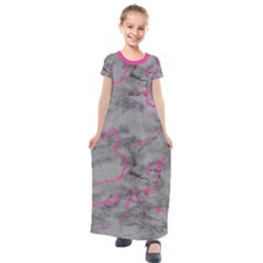 Marble Light Gray With Bright Magenta Pink Veins Texture Floor Background Retro Neon 80s Style Neon Colors Print Luxuous Real Marble Kids  Short Sleeve Maxi Dress by genx