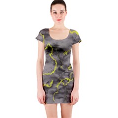 Marble Light Gray With Green Lime Veins Texture Floor Background Retro Neon 80s Style Neon Colors Print Luxuous Real Marble Short Sleeve Bodycon Dress by genx