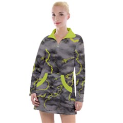 Marble Light Gray With Green Lime Veins Texture Floor Background Retro Neon 80s Style Neon Colors Print Luxuous Real Marble Women s Long Sleeve Casual Dress by genx