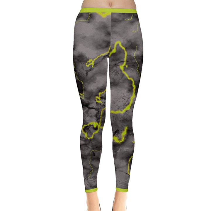 Marble light gray with green lime veins texture floor background retro neon 80s style neon colors print luxuous real marble Inside Out Leggings