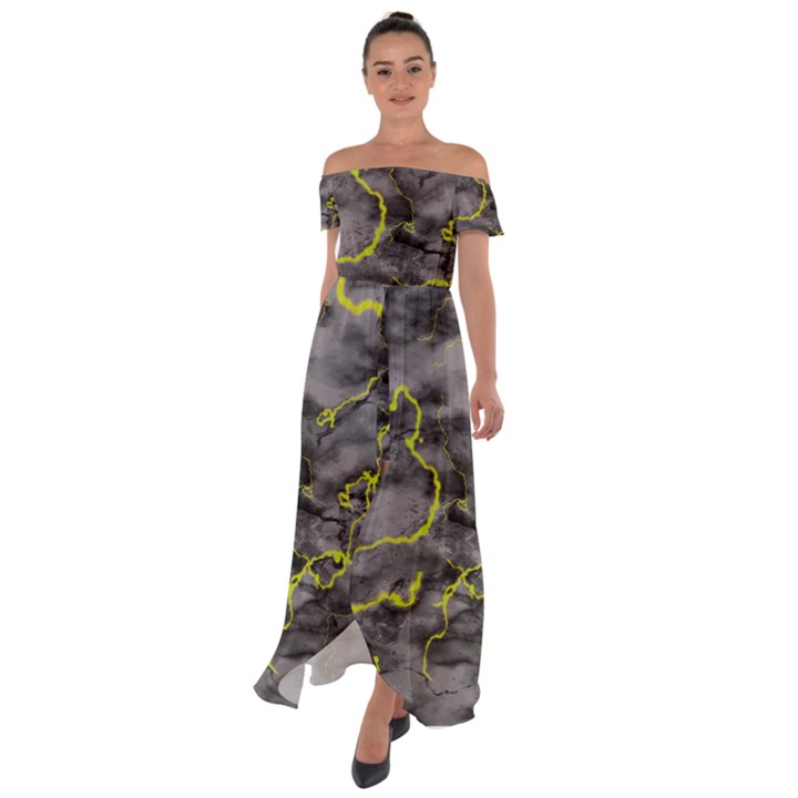 Marble light gray with green lime veins texture floor background retro neon 80s style neon colors print luxuous real marble Off Shoulder Open Front Chiffon Dress