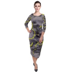 Marble Light Gray With Green Lime Veins Texture Floor Background Retro Neon 80s Style Neon Colors Print Luxuous Real Marble Quarter Sleeve Midi Velour Bodycon Dress by genx