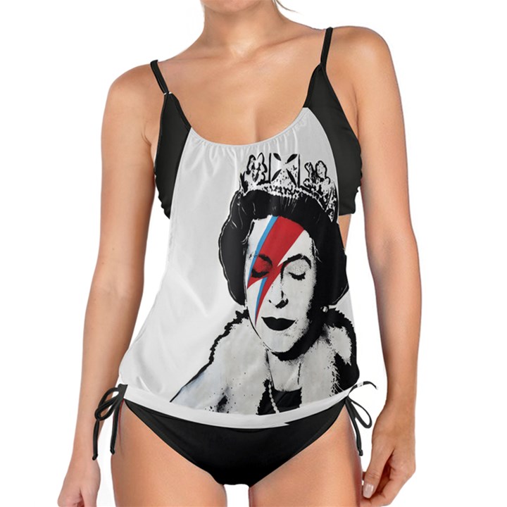 Banksy graffiti UK England God Save the Queen Elisabeth with David Bowie rockband face makeup Ziggy Stardust Tankini Set