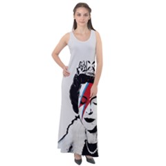 Banksy Graffiti Uk England God Save The Queen Elisabeth With David Bowie Rockband Face Makeup Ziggy Stardust Sleeveless Velour Maxi Dress by snek