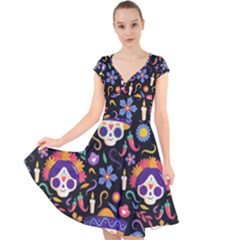 Dia De Los Muertos Cap Sleeve Front Wrap Midi Dress by Sobalvarro