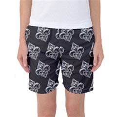 French France Fleur De Lys Metal Pattern Black And White Antique Vintage Black Rocker Women s Basketball Shorts by Quebec