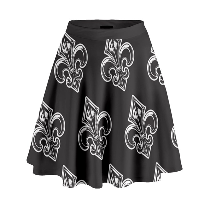 French France Fleur De Lys Metal Pattern black and white antique vintage black rocker High Waist Skirt