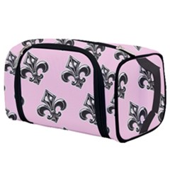 French France Fleur De Lys Metal Pattern Black And White Antique Vintage Pink And Black Rocker Toiletries Pouch by Quebec