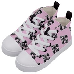 French France Fleur De Lys Metal Pattern Black And White Antique Vintage Pink And Black Rocker Kids  Mid-top Canvas Sneakers by Quebec