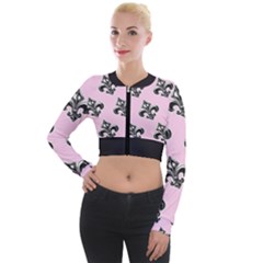 French France Fleur De Lys Metal Pattern Black And White Antique Vintage Pink And Black Rocker Long Sleeve Cropped Velvet Jacket by Quebec