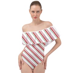 White Candy Cane Pattern With Red And Thin Green Festive Christmas Stripes Off Shoulder Velour Bodysuit  by genx