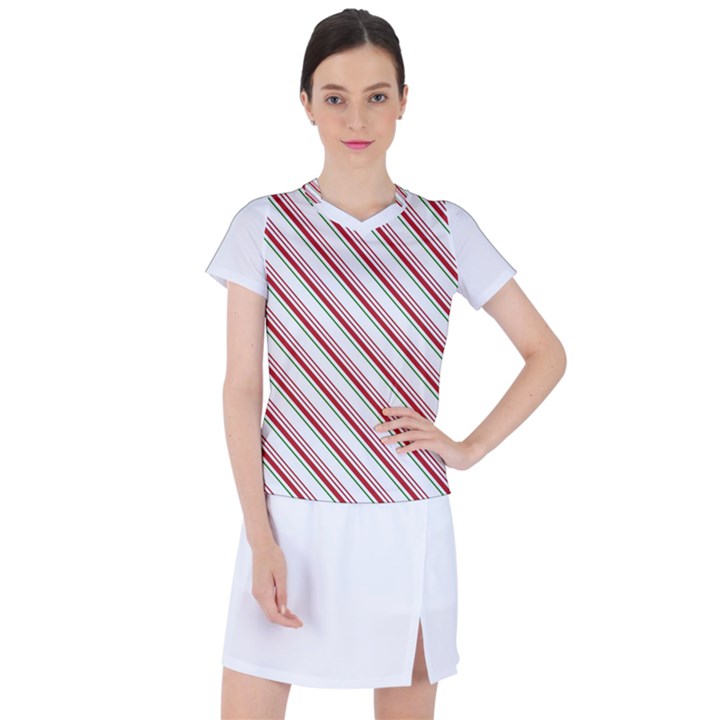 White Candy Cane Pattern with Red and Thin Green Festive Christmas Stripes Women s Mesh Sports Top