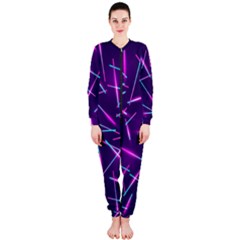 Retrowave Aesthetic Vaporwave Retro Memphis Pattern 80s Design Geometric Shapes Futurist Purple Pink Blue Neon Light Onepiece Jumpsuit (ladies)  by genx