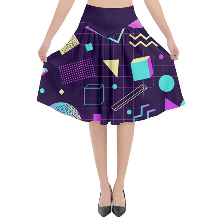 Retrowave Aesthetic vaporwave retro memphis pattern 80s design 3D geometric shapes Flared Midi Skirt