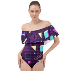 Retrowave Aesthetic Vaporwave Retro Memphis Pattern 80s Design 3d Geometric Shapes Off Shoulder Velour Bodysuit  by genx