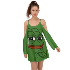 Pepe The Frog Smug Face With Smile And Hand On Chin Meme Kekistan All Over Print Green Kimono Sleeves Boho Dress by snek