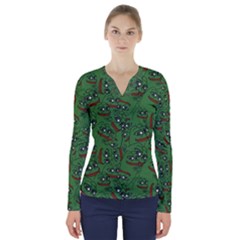 Pepe The Frog Perfect A-ok Handsign Pattern Praise Kek Kekistan Smug Smile Meme Green Background V-neck Long Sleeve Top by snek