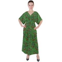 Pepe The Frog Perfect A-ok Handsign Pattern Praise Kek Kekistan Smug Smile Meme Green Background V-neck Boho Style Maxi Dress by snek