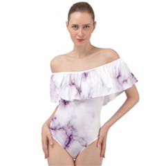 White Marble Violet Purple Veins Accents Texture Printed Floor Background Luxury Off Shoulder Velour Bodysuit  by genx