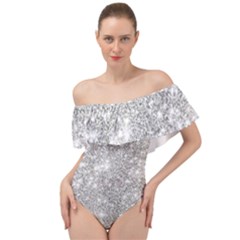 Silver And White Glitters Metallic Finish Party Texture Background Imitation Off Shoulder Velour Bodysuit  by genx