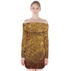 Gold Glitters Metallic Finish Party Texture Background Faux Shine Pattern Long Sleeve Off Shoulder Dress by genx