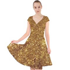 Gold Glitters Metallic Finish Party Texture Background Faux Shine Pattern Cap Sleeve Front Wrap Midi Dress by genx