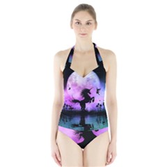 Wonderful Unicorn With Fairy In The Night Halter Swimsuit by FantasyWorld7