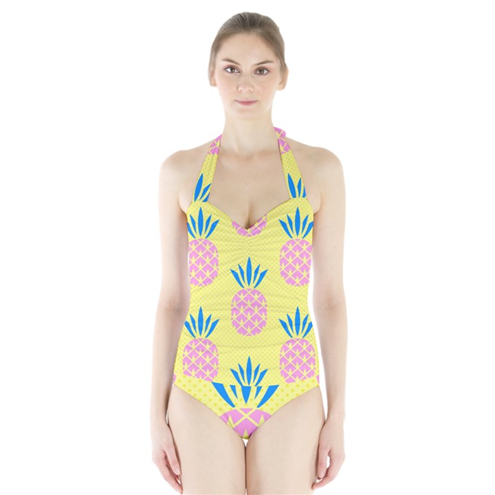 Summer Pineapple Seamless Pattern Halter Swimsuit