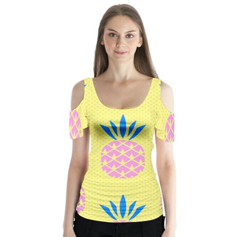 Summer Pineapple Seamless Pattern Butterfly Sleeve Cutout Tee  by Sobalvarro