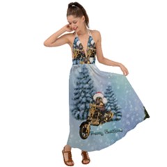 Merry Christmas, Funny Mouse On A Motorcycle With Christmas Hat Backless Maxi Beach Dress by FantasyWorld7