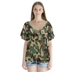 Army Pattern  V-neck Flutter Sleeve Top by myuique