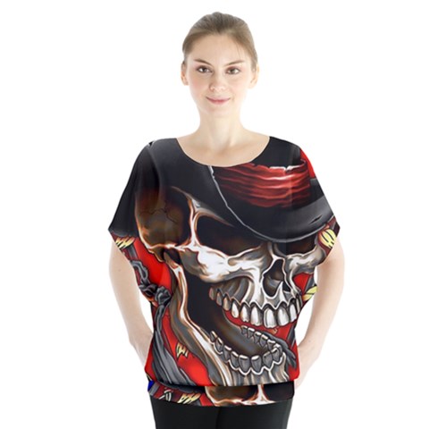 Confederate Flag Usa America United States Csa Civil War Rebel Dixie Military Poster Skull Batwing Chiffon Blouse by Sapixe