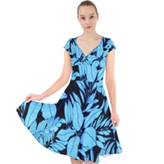 Blue Winter Tropical Floral Watercolor Cap Sleeve Front Wrap Midi Dress by dressshop