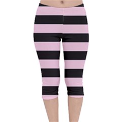 Black And Light Pastel Pink Large Stripes Goth Mime French Style Velvet Capri Leggings  by genx