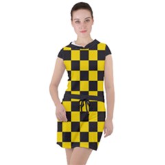 Checkerboard Pattern Black And Yellow Ancap Libertarian Drawstring Hooded Dress by snek