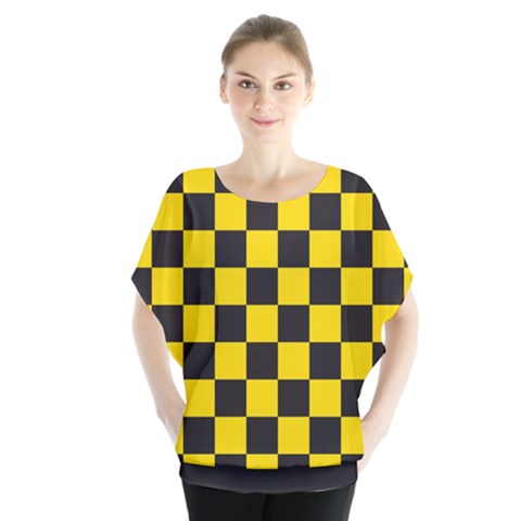 Checkerboard Pattern Black And Yellow Ancap Libertarian Batwing Chiffon Blouse by snek