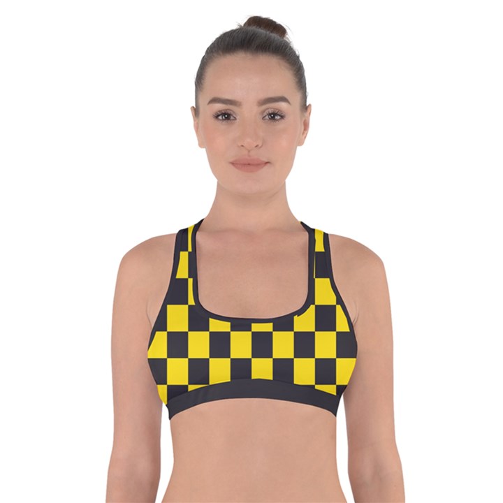 Checkerboard Pattern Black and Yellow Ancap Libertarian Cross Back Sports Bra