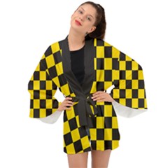 Checkerboard Pattern Black And Yellow Ancap Libertarian Long Sleeve Kimono by snek