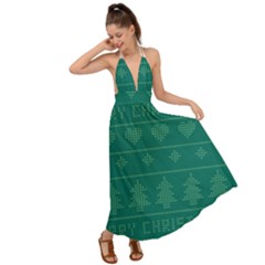 Beautiful Knitted Christmas Pattern Green Backless Maxi Beach Dress by Vaneshart