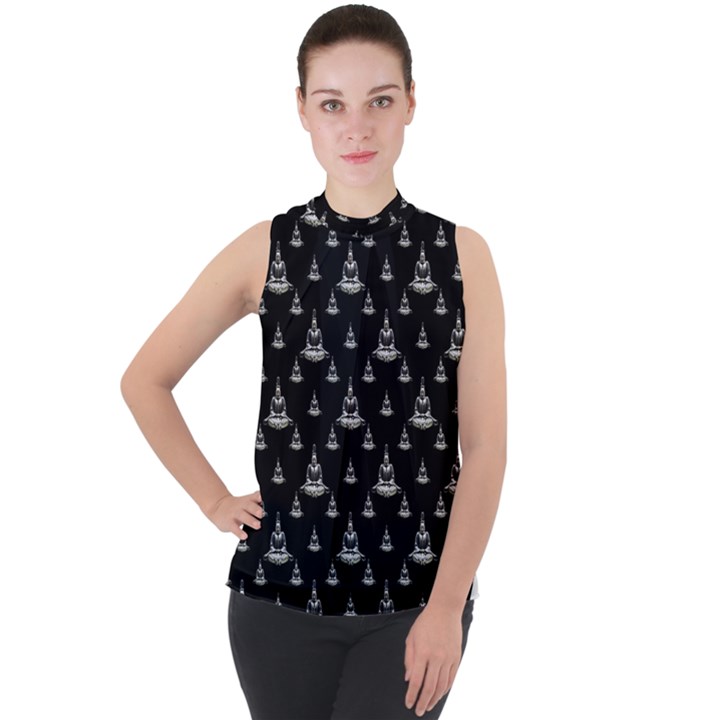 Buddhism Motif Print Pattern Design Mock Neck Chiffon Sleeveless Top