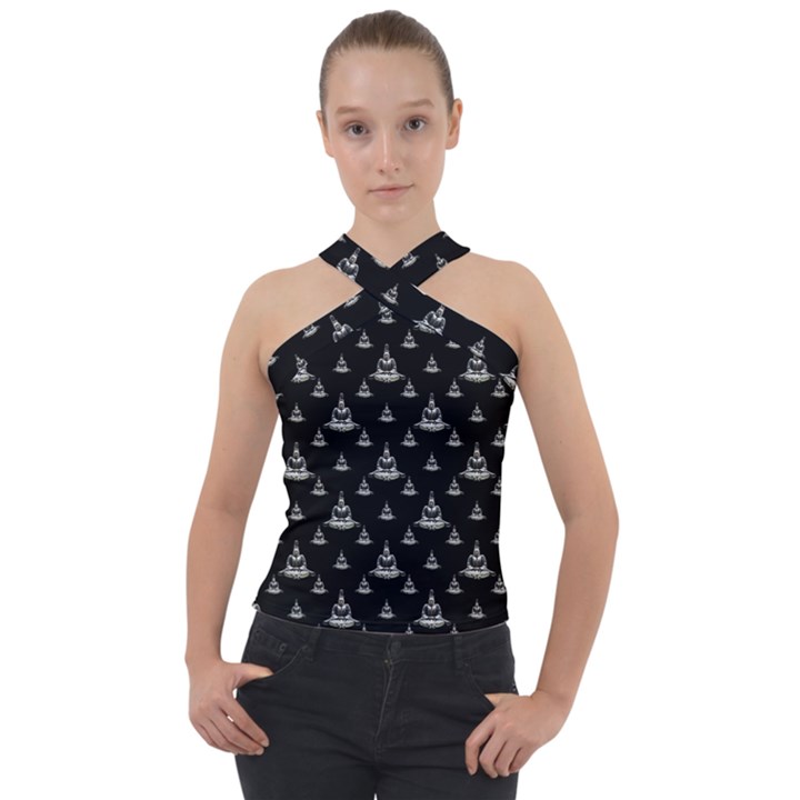 Buddhism Motif Print Pattern Design Cross Neck Velour Top