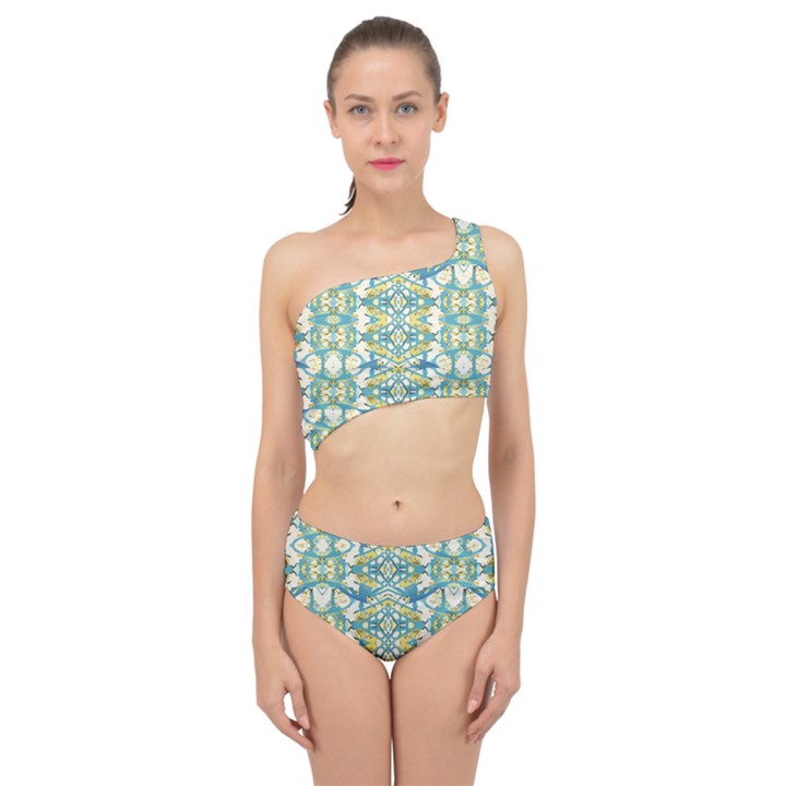 Colored Geometric Ornate Patterned Print Spliced Up Two Piece Swimsuit