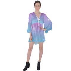 Pastel Goth Galaxy  V-neck Flare Sleeve Mini Dress by thethiiird