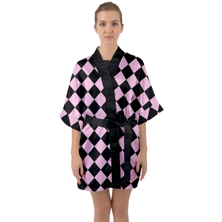 Block Fiesta - Blush Pink & Black Half Sleeve Satin Kimono 