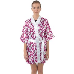 Cute Flowers - Peacock Pink White Half Sleeve Satin Kimono  by FashionBoulevard